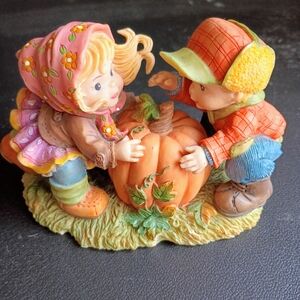 Colorful Harvest Figurine with Children and Pumpkin